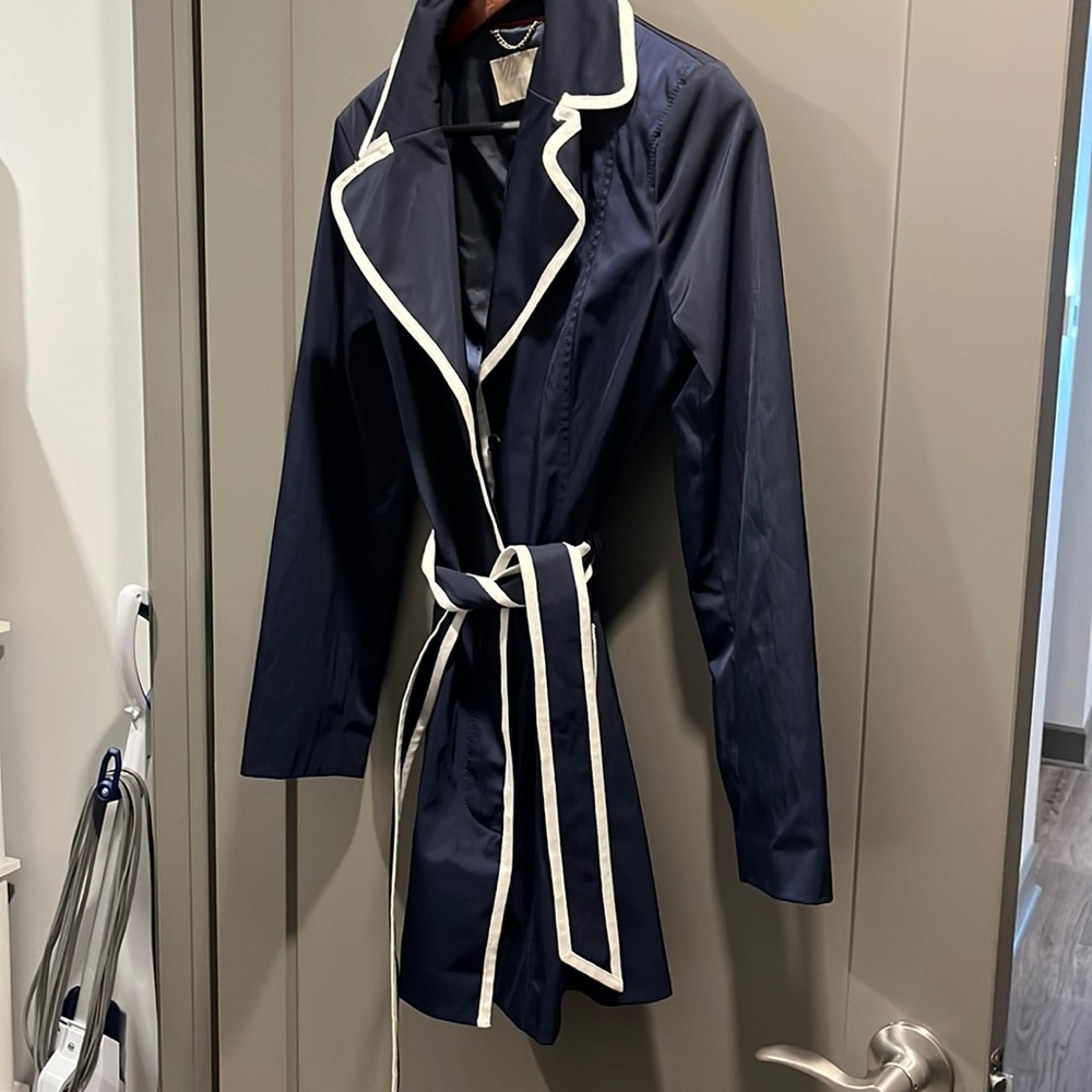 Navy and white tench coat